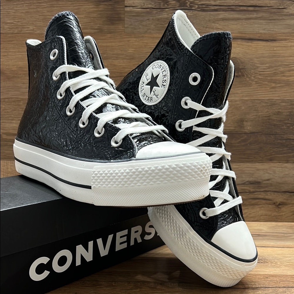 Converse Textured Black Leather High-Tops Platform with White Details